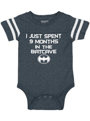 9 Months in Batcave Football Romper Bodysuit-Direct To Garment Print-Brisco Baby