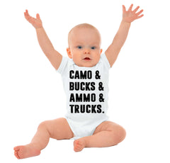 Camo Bucks Ammo Trucks Romper Bodysuit-Direct To Garment Print-Brisco Baby