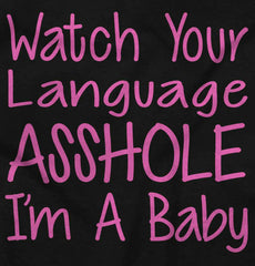 Watch The Language Toddler Ruffle Bottom Tee-Direct To Garment Print-Brisco Baby