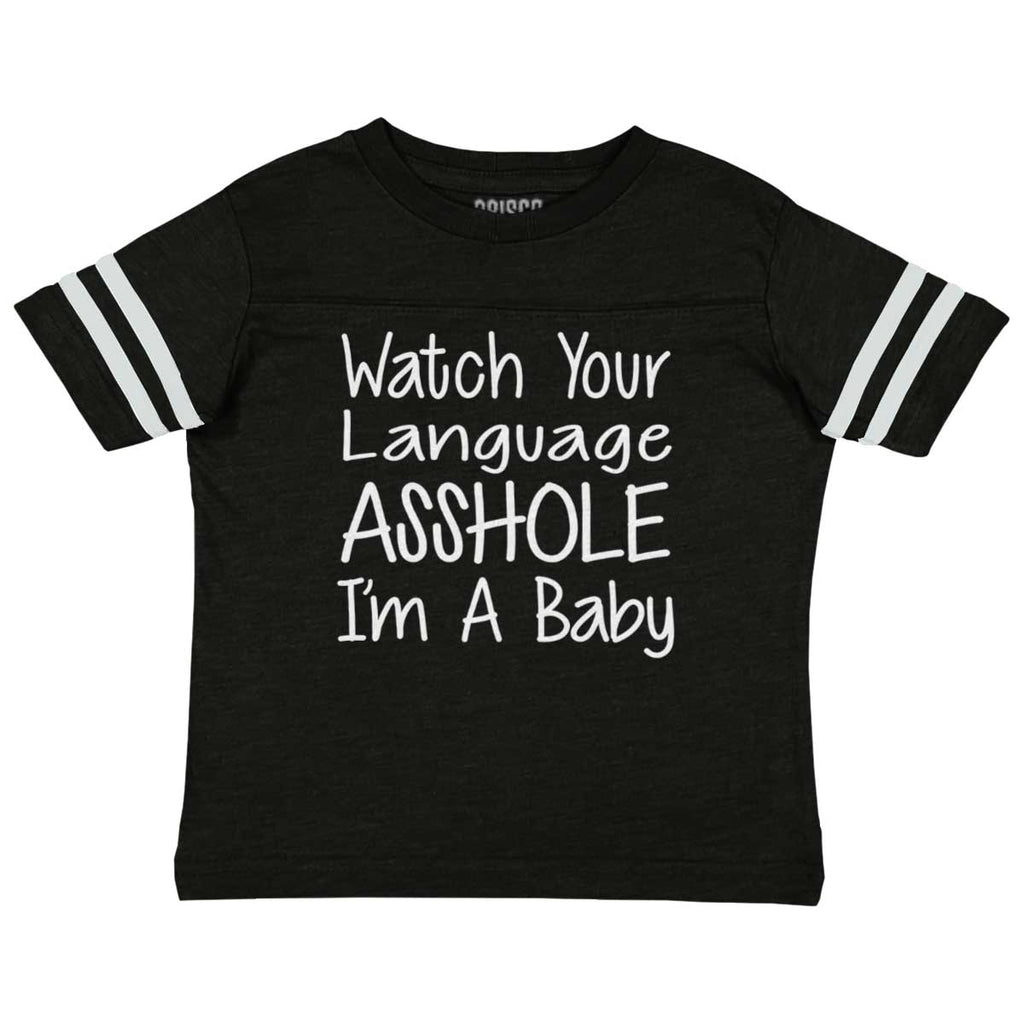 Watch The Language Toddler Football Jersey Tee-Direct To Garment Print-Brisco Baby