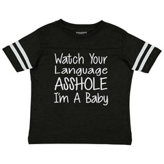 Watch The Language Toddler Football Jersey Tee-Direct To Garment Print-Brisco Baby
