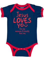 Jesus Loves You Baby Ruffled Trim Romper-Direct To Garment Print-Brisco Baby