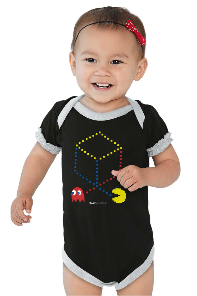 Pac-Man Cube Baby Ruffled Trim Romper-Direct To Garment Print-Brisco Baby