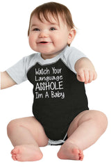 Watch The Language Raglan Romper Bodysuit-Direct To Garment Print-Brisco Baby