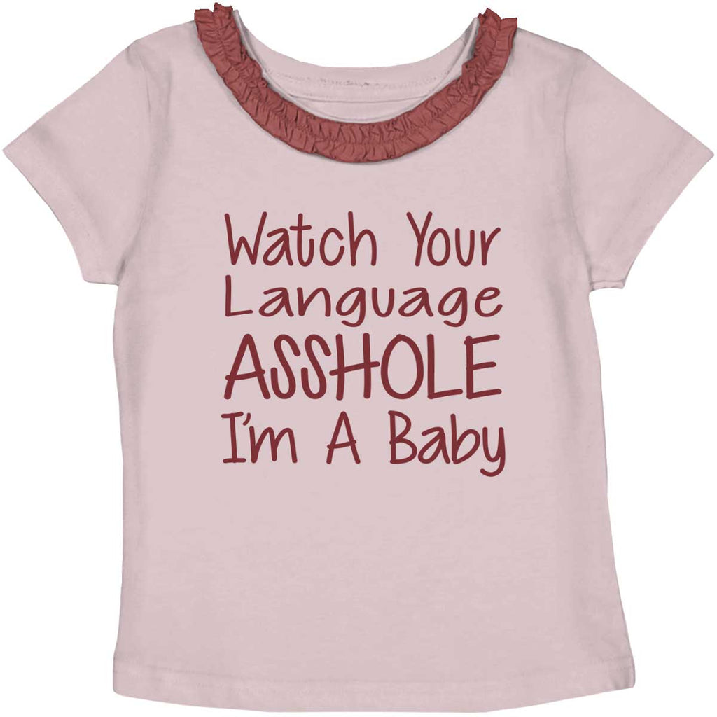 Watch The Language Toddler Ruffled Trim T-Shirt-Direct To Garment Print-Brisco Baby