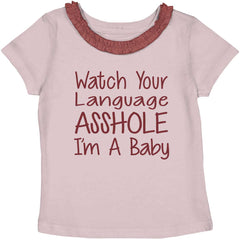 Watch The Language Toddler Ruffled Trim T-Shirt-Direct To Garment Print-Brisco Baby