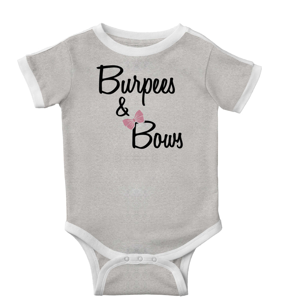 Burpees and Bows Ringer Romper Bodysuit-Direct To Garment Print-Brisco Baby