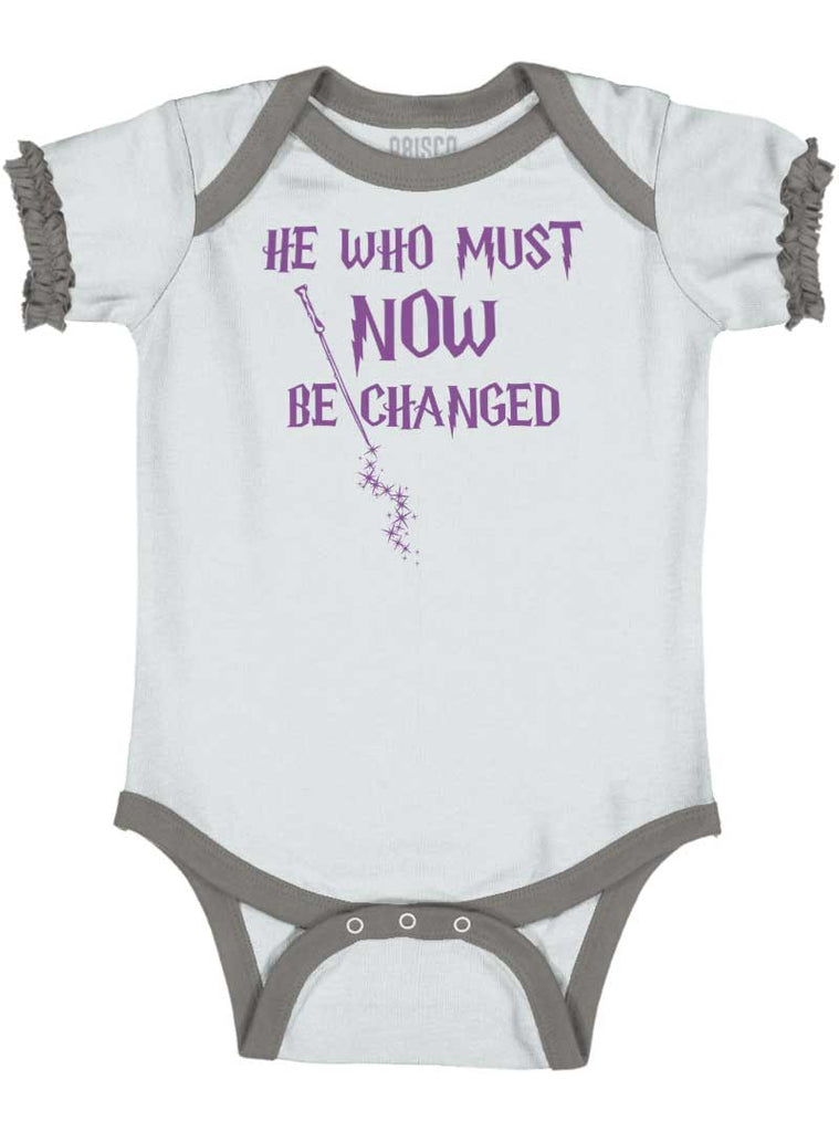 He Who Must Be Changed Baby Ruffled Trim Romper-Direct To Garment Print-Brisco Baby