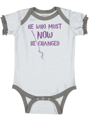 He Who Must Be Changed Baby Ruffled Trim Romper-Direct To Garment Print-Brisco Baby