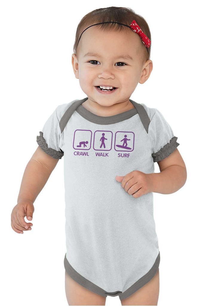 Crawl Walk Surf Baby Ruffled Trim Romper-Direct To Garment Print-Brisco Baby