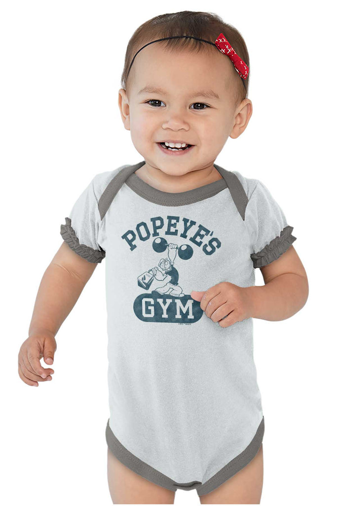 Popeye's Gym Baby Ruffled Trim Romper-Direct To Garment Print-Brisco Baby