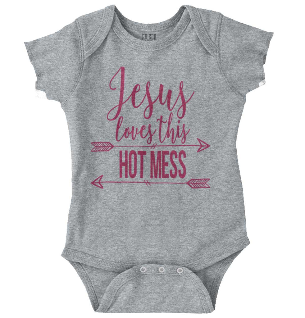 Jesus Loves Hot Mess Romper Bodysuit-Direct To Garment Print-Brisco Baby