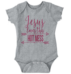 Jesus Loves Hot Mess Romper Bodysuit-Direct To Garment Print-Brisco Baby