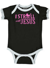 Stroll With Jesus Baby Ruffled Trim Romper-Direct To Garment Print-Brisco Baby