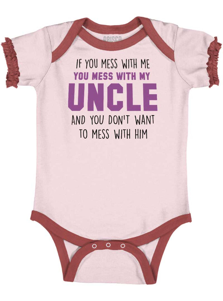 Mess With My Uncle Baby Ruffled Trim Romper-Direct To Garment Print-Brisco Baby