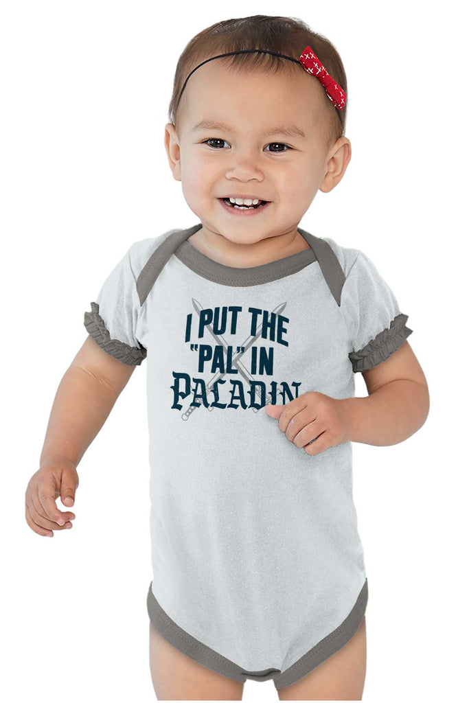 Put The Pal In Paladin Dungeons Baby Ruffled Trim Romper-Direct To Garment Print-Brisco Baby