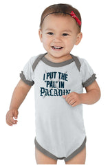Put The Pal In Paladin Dungeons Baby Ruffled Trim Romper-Direct To Garment Print-Brisco Baby