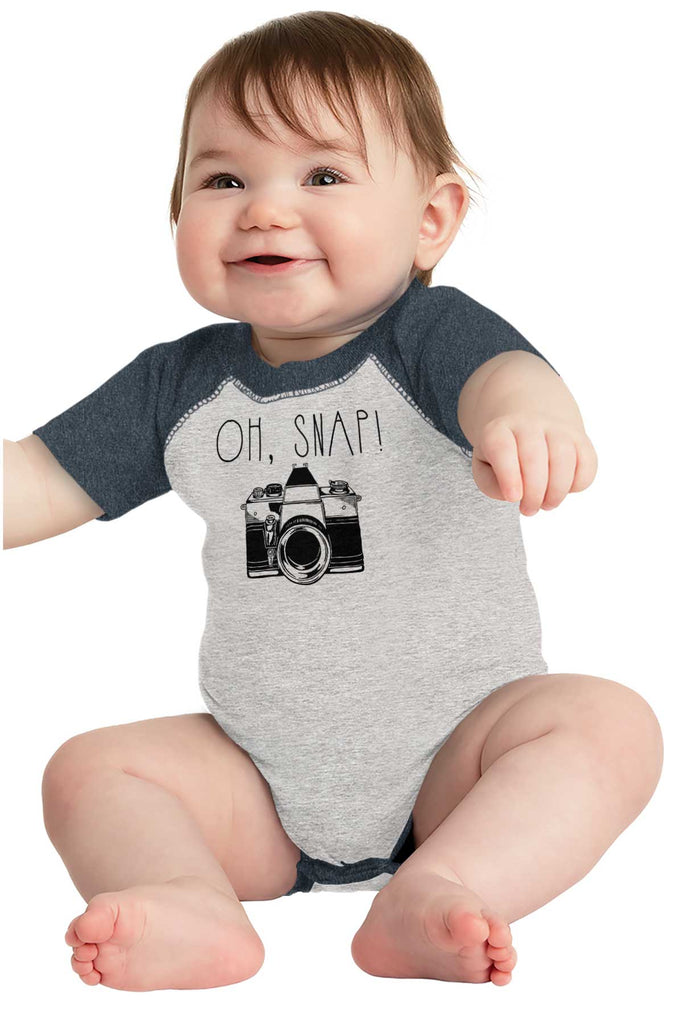 Oh Snap Camera Raglan Romper Bodysuit-Direct To Garment Print-Brisco Baby