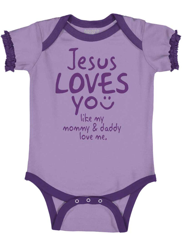 Jesus Loves You Baby Ruffled Trim Romper-Direct To Garment Print-Brisco Baby