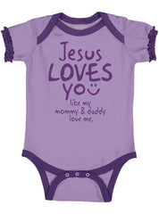 Jesus Loves You Baby Ruffled Trim Romper-Direct To Garment Print-Brisco Baby