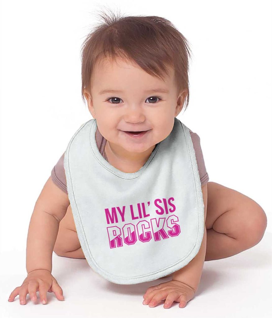 My Lil' Sis Rocks Infant Baby Bib-Direct To Garment Print-Brisco Baby
