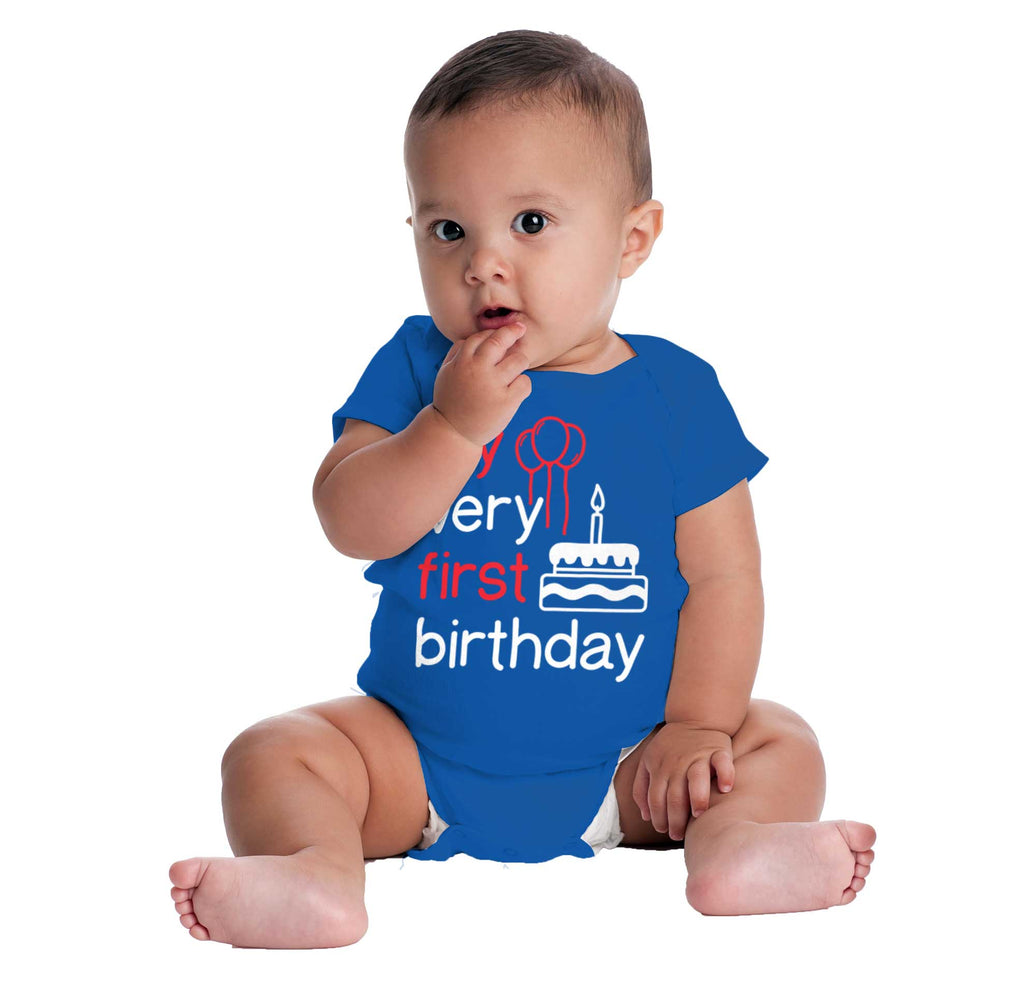 Very First Birthday Romper Bodysuit-Direct To Garment Print-Brisco Baby